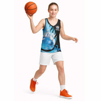 Blue Flame Bowling Ball and Pins Design Basketball Jersey with Smoke Effects and Custom Team Name Text - Wonder Print Shop