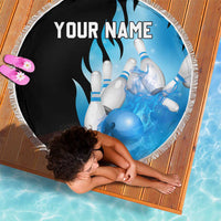 Blue Flame Bowling Ball and Pins Design Beach Blanket with Smoke Effects and Custom Team Name Text - Wonder Print Shop