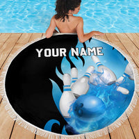 Blue Flame Bowling Ball and Pins Design Beach Blanket with Smoke Effects and Custom Team Name Text - Wonder Print Shop