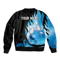Blue Flame Bowling Ball and Pins Design Bomber Jacket with Smoke Effects and Custom Team Name Text - Wonder Print Shop