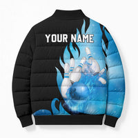 Blue Flame Bowling Ball and Pins Design Bomber Puffer Jacket with Smoke Effects and Custom Team Name Text - Wonder Print Shop