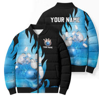 Blue Flame Bowling Ball and Pins Design Bomber Puffer Jacket with Smoke Effects and Custom Team Name Text - Wonder Print Shop