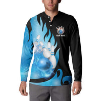 Blue Flame Bowling Ball and Pins Design Button Sweatshirt with Smoke Effects and Custom Team Name Text - Wonder Print Shop