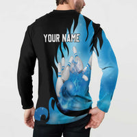Blue Flame Bowling Ball and Pins Design Button Sweatshirt with Smoke Effects and Custom Team Name Text - Wonder Print Shop