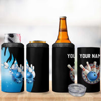 Blue Flame Bowling Ball and Pins Design 4 in 1 Can Cooler Tumbler with Smoke Effects and Custom Team Name Text - Wonder Print Shop