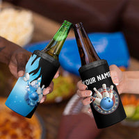 Blue Flame Bowling Ball and Pins Design 4 in 1 Can Cooler Tumbler with Smoke Effects and Custom Team Name Text - Wonder Print Shop