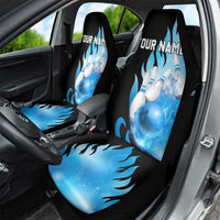 Blue Flame Bowling Ball and Pins Design Car Seat Cover with Smoke Effects and Custom Team Name Text - Wonder Print Shop
