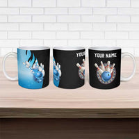Blue Flame Bowling Ball and Pins Design Ceramic Mug with Smoke Effects and Custom Team Name Text - Wonder Print Shop