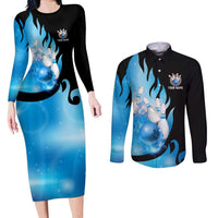 Blue Flame Bowling Ball and Pins Design Couples Matching Long Sleeve Bodycon Dress and Long Sleeve Button Shirt with Smoke Effects and Custom Team Name Text - Wonder Print Shop
