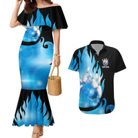 Blue Flame Bowling Ball and Pins Design Couples Matching Mermaid Dress and Hawaiian Shirt with Smoke Effects and Custom Team Name Text - Wonder Print Shop