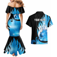 Blue Flame Bowling Ball and Pins Design Couples Matching Mermaid Dress and Hawaiian Shirt with Smoke Effects and Custom Team Name Text - Wonder Print Shop