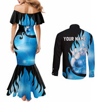 Blue Flame Bowling Ball and Pins Design Couples Matching Mermaid Dress and Long Sleeve Button Shirt with Smoke Effects and Custom Team Name Text - Wonder Print Shop