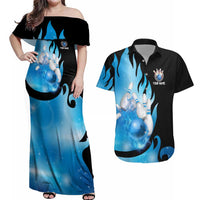 Blue Flame Bowling Ball and Pins Design Couples Matching Off Shoulder Maxi Dress and Hawaiian Shirt with Smoke Effects and Custom Team Name Text - Wonder Print Shop