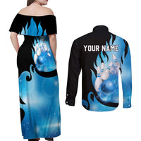 Blue Flame Bowling Ball and Pins Design Couples Matching Off Shoulder Maxi Dress and Long Sleeve Button Shirt with Smoke Effects and Custom Team Name Text - Wonder Print Shop