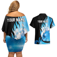 Blue Flame Bowling Ball and Pins Design Couples Matching Off Shoulder Short Dress and Hawaiian Shirt with Smoke Effects and Custom Team Name Text - Wonder Print Shop