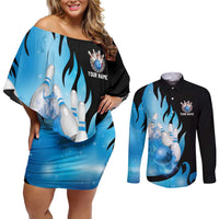 Blue Flame Bowling Ball and Pins Design Couples Matching Off Shoulder Short Dress and Long Sleeve Button Shirt with Smoke Effects and Custom Team Name Text - Wonder Print Shop
