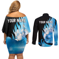 Blue Flame Bowling Ball and Pins Design Couples Matching Off Shoulder Short Dress and Long Sleeve Button Shirt with Smoke Effects and Custom Team Name Text - Wonder Print Shop