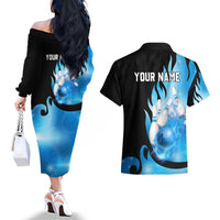 Blue Flame Bowling Ball and Pins Design Couples Matching Off The Shoulder Long Sleeve Dress and Hawaiian Shirt with Smoke Effects and Custom Team Name Text - Wonder Print Shop