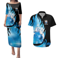 Blue Flame Bowling Ball and Pins Design Couples Matching Puletasi and Hawaiian Shirt with Smoke Effects and Custom Team Name Text - Wonder Print Shop