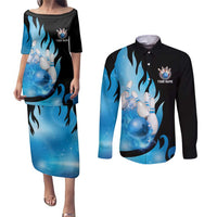 Blue Flame Bowling Ball and Pins Design Couples Matching Puletasi and Long Sleeve Button Shirt with Smoke Effects and Custom Team Name Text - Wonder Print Shop