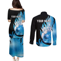 Blue Flame Bowling Ball and Pins Design Couples Matching Puletasi and Long Sleeve Button Shirt with Smoke Effects and Custom Team Name Text - Wonder Print Shop