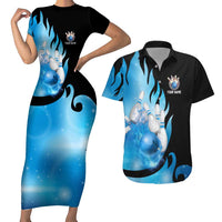 Blue Flame Bowling Ball and Pins Design Couples Matching Short Sleeve Bodycon Dress and Hawaiian Shirt with Smoke Effects and Custom Team Name Text - Wonder Print Shop