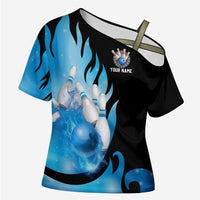 Blue Flame Bowling Ball and Pins Design Cross Shoulder Shirt with Smoke Effects and Custom Team Name Text - Wonder Print Shop