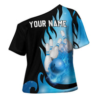 Blue Flame Bowling Ball and Pins Design Cross Shoulder Shirt with Smoke Effects and Custom Team Name Text - Wonder Print Shop