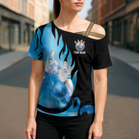 Blue Flame Bowling Ball and Pins Design Cross Shoulder Shirt with Smoke Effects and Custom Team Name Text - Wonder Print Shop