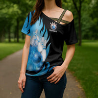 Blue Flame Bowling Ball and Pins Design Cross Shoulder Shirt with Smoke Effects and Custom Team Name Text - Wonder Print Shop