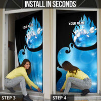 Blue Flame Bowling Ball and Pins Design Door Cover with Smoke Effects and Custom Team Name Text - Wonder Print Shop
