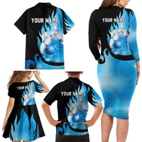 Blue Flame Bowling Ball and Pins Design Family Matching Long Sleeve Bodycon Dress and Hawaiian Shirt with Smoke Effects and Custom Team Name Text - Wonder Print Shop