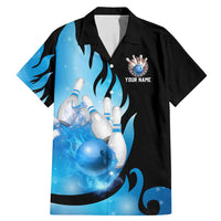 Blue Flame Bowling Ball and Pins Design Family Matching Mermaid Dress and Hawaiian Shirt with Smoke Effects and Custom Team Name Text - Wonder Print Shop
