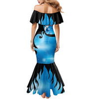 Blue Flame Bowling Ball and Pins Design Family Matching Mermaid Dress and Hawaiian Shirt with Smoke Effects and Custom Team Name Text - Wonder Print Shop