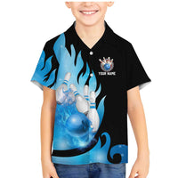 Blue Flame Bowling Ball and Pins Design Family Matching Mermaid Dress and Hawaiian Shirt with Smoke Effects and Custom Team Name Text - Wonder Print Shop