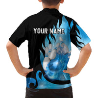 Blue Flame Bowling Ball and Pins Design Family Matching Off The Shoulder Long Sleeve Dress and Hawaiian Shirt with Smoke Effects and Custom Team Name Text - Wonder Print Shop
