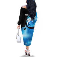 Blue Flame Bowling Ball and Pins Design Family Matching Off The Shoulder Long Sleeve Dress and Hawaiian Shirt with Smoke Effects and Custom Team Name Text - Wonder Print Shop