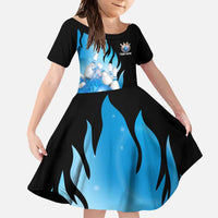 Blue Flame Bowling Ball and Pins Design Family Matching Off Shoulder Maxi Dress and Hawaiian Shirt with Smoke Effects and Custom Team Name Text - Wonder Print Shop