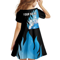 Blue Flame Bowling Ball and Pins Design Family Matching Off Shoulder Maxi Dress and Hawaiian Shirt with Smoke Effects and Custom Team Name Text - Wonder Print Shop
