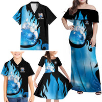 Blue Flame Bowling Ball and Pins Design Family Matching Off Shoulder Maxi Dress and Hawaiian Shirt with Smoke Effects and Custom Team Name Text - Wonder Print Shop