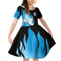 Blue Flame Bowling Ball and Pins Design Family Matching Off Shoulder Short Dress and Hawaiian Shirt with Smoke Effects and Custom Team Name Text - Wonder Print Shop
