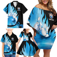 Blue Flame Bowling Ball and Pins Design Family Matching Off Shoulder Short Dress and Hawaiian Shirt with Smoke Effects and Custom Team Name Text - Wonder Print Shop