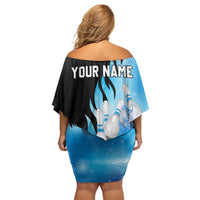 Blue Flame Bowling Ball and Pins Design Family Matching Off Shoulder Short Dress and Hawaiian Shirt with Smoke Effects and Custom Team Name Text - Wonder Print Shop