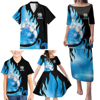 Blue Flame Bowling Ball and Pins Design Family Matching Puletasi and Hawaiian Shirt with Smoke Effects and Custom Team Name Text - Wonder Print Shop