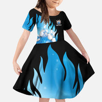 Blue Flame Bowling Ball and Pins Design Family Matching Summer Maxi Dress and Hawaiian Shirt with Smoke Effects and Custom Team Name Text - Wonder Print Shop