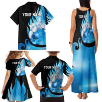 Blue Flame Bowling Ball and Pins Design Family Matching Tank Maxi Dress and Hawaiian Shirt with Smoke Effects and Custom Team Name Text - Wonder Print Shop