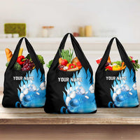 Blue Flame Bowling Ball and Pins Design Grocery Bag with Smoke Effects and Custom Team Name Text - Wonder Print Shop