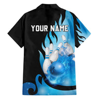 Blue Flame Bowling Ball and Pins Design Hawaiian Shirt with Smoke Effects and Custom Team Name Text - Wonder Print Shop