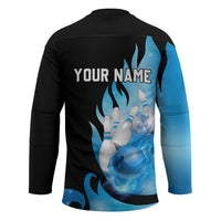 Blue Flame Bowling Ball and Pins Design Hockey Jersey with Smoke Effects and Custom Team Name Text - Wonder Print Shop