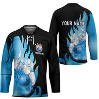 Blue Flame Bowling Ball and Pins Design Hockey Jersey with Smoke Effects and Custom Team Name Text - Wonder Print Shop